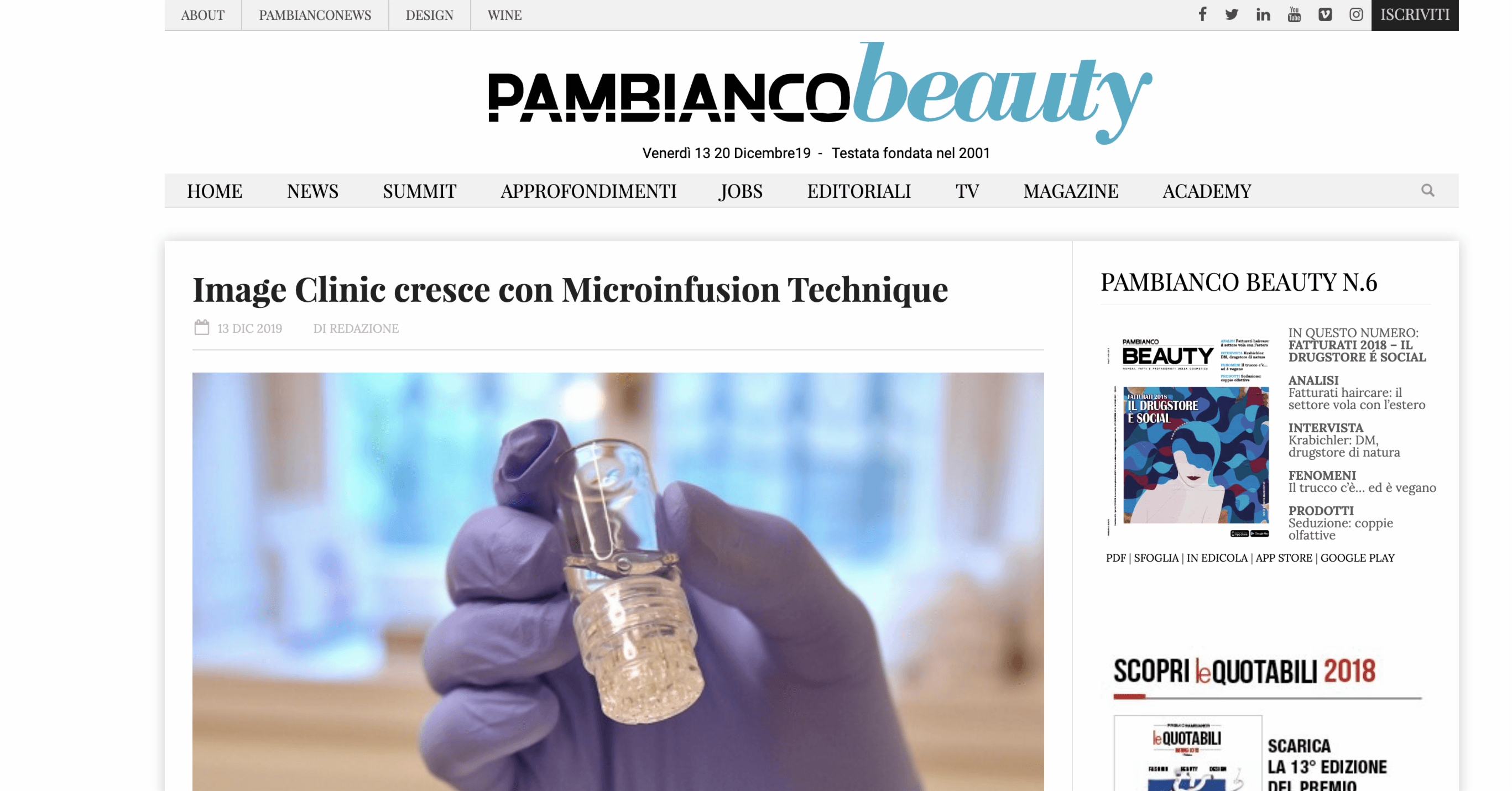 Pambianco Beauty – Image Clinic cresce con Microinfusion Technique – 13 dicembre 2019