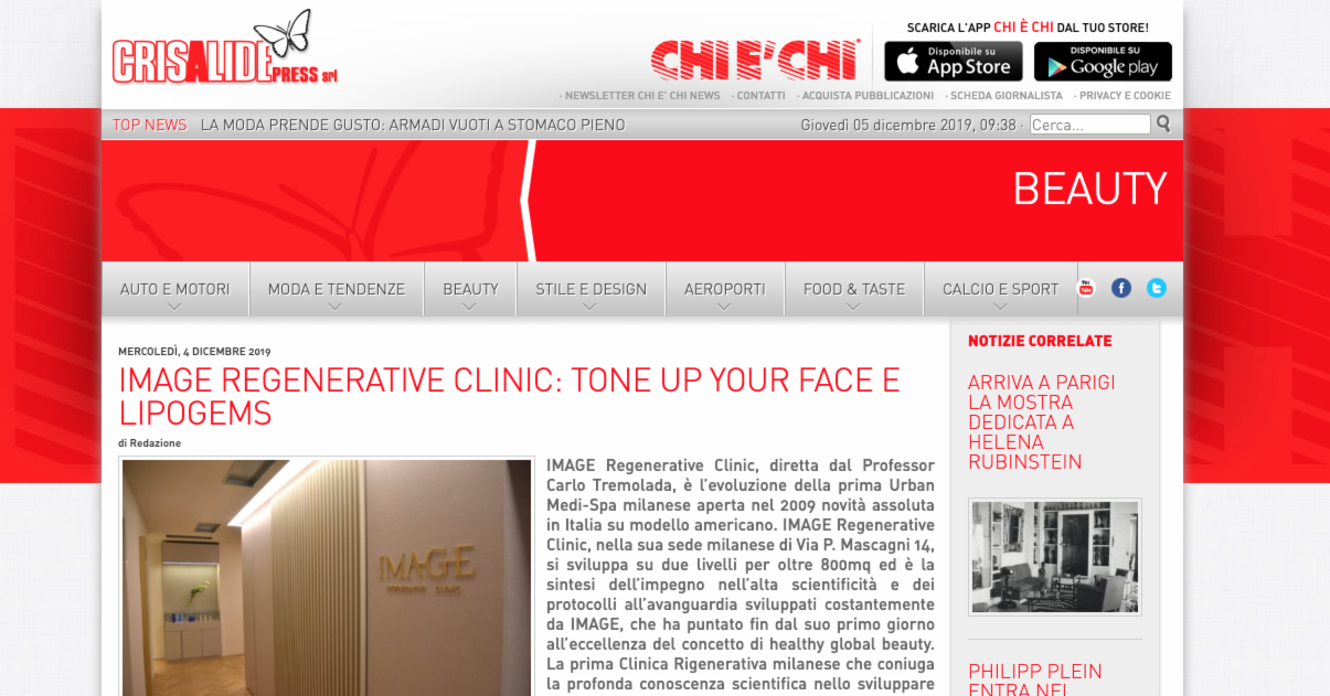Crisalide Press – Image Regenerative Clinic: Tone Up Your Face e Lipogems – 4 dicembre 2019